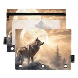 xigua Wolf Moon Binder Pockets 2Pack, Zippered Pencil Pouch, Large Capacity,Water-resistant,Durable 3 Ring Binder Pocket for Home,Office,School