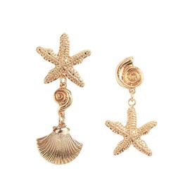 Doubnine Sea Star Starfish Shell Cowrie Mermaid Earrings Gold Dangle Asymmetry Beach Ocean Fashion Jewelry for Women