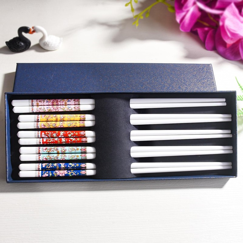 Ceramic Chopsticks 5 Pairs , 9.4" Reusable Chopsticks, Floral Patterns