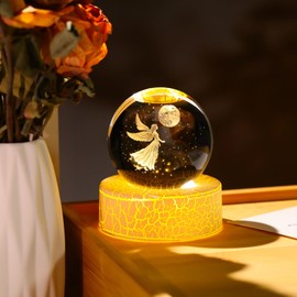 Movdyka Crystal 3D Guardian Angel 2.36in Ball Figurine Gifts for Women Daughter Collectible Cherub Sphere with Warm Light Base for Friends Family on Birthday Presents Home Ornaments