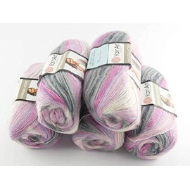 YarnArt 5 x 100 g Angora Active Batik Wool, Multicoloured with Colour Gradient, 500 g Wool with 25% Mohair Content, Turkish Wool (848)
