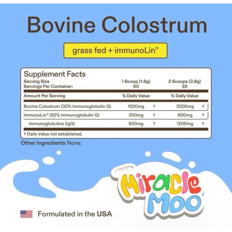 Miracle Moo Bovine Colostrum, Unflavored 60 Servings, 3.81 oz Powder