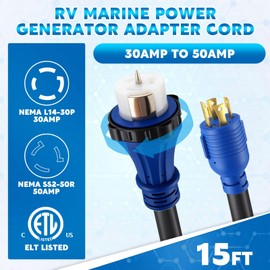 Tellegloww RV Marine Power Generator Adapter Cord and Pre-Drilled Power Inlet Box L14-30P to SS2-50R, 30A 4 Prong Locking Generator L14-30P Male to 50A Marine Shore Power SS2-50R Female(15ft)