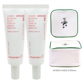 Innisfree Cherry Blossom Glow Tone-Up Cream Skin Fit 2pcs + Cleanser + Play Green Cosmetic Pouch (Green) / 이니스프리 왕벚꽃 글로우 톤업 크림 스킨 핏 2개+클렌저+플레이그린 화장품 파우치 (그린)