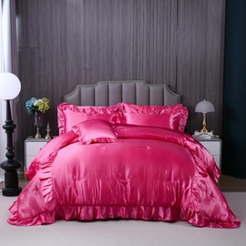 Herside Satin Comforter Set with Sheet Set King Size,8 Pieces Hot Pink Ruffle Comforter Silk Like Satin Bedding Set,Soft Smooth Luxury Silky Quilt Set with 1 Cushion Cover All Season