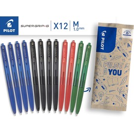 Pilot Pen Super Grip G Retractable Ballpoint Pen, Set of 12 in M (Blue, Black, Red, Green)