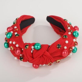 Jumwrit Christmas Wide Thick Top Knot Headband with Pearl Rhinestone for Women Non Slip Sparkly Crystal Embellished Hair Band Pearl Beaded Decoration Fashion Hair Accessories (Red, 6.5 * 5.5inch)