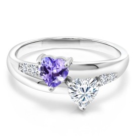 Gem Stone King 925 Sterling Silver Lab Grown Diamond Ring Heart Shape Tanzanite and Moissanite (1.08 Cttw) (Size 9)