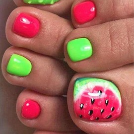Square Fake Toenails Summer Glossy Blue Press on Toenails Watermelon Short Acrylic False Toes Nails with Designs Kiwifruit Cute Artificial Beach Green Full Cover Toenail for Women and Girls 24 Pcs
