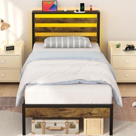 Yoobure Twin Bed Frames, Twin Bed Frame with Headboard and LED Lights, Beds with Charging Station, Wood Twin Bedframe for Kids, Twin Size Bed, Noise-Free, No Box Spring Needed, Easy Assembly