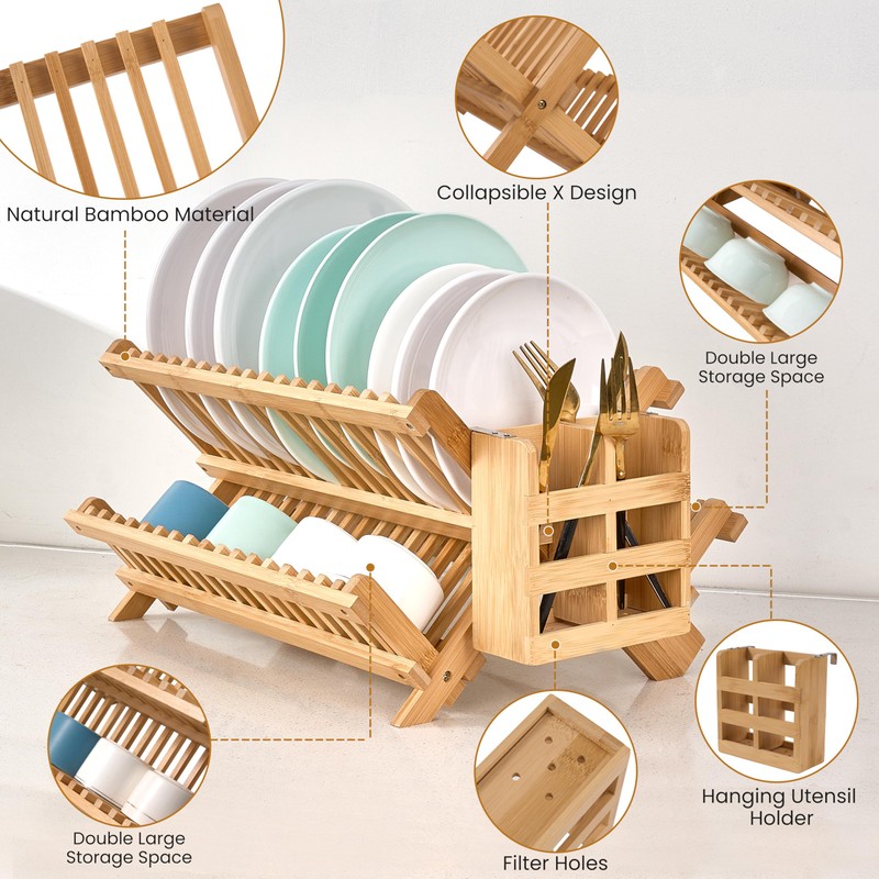 NOVAYEAH Bmaboo Dish Drying Rack for Kitchen Counter 3-Tier Collapsible