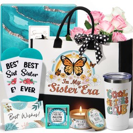 Sisters Gifts from Sister, Mothers Day Gifts for Sister from Brother, Best Sister Birthday Gifts for Sister in Law Soul Sister, Funny Sister Gifts Unique Sister Gift Basket w/Retro Canvas Tote Bag