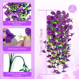 2 Pcs Artificial Hanging Flowers for Outdoor Spring Summer Decor, UV Resistant Faux Violet and Eucalyptus Vines, Real Plastic Decorations for Porch Patio Balcony Garden Wall Decoration (Purple)