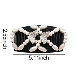 Magic Hair Comb for Women Adjustable Elastic Hair Clip for Girls Pearl Bow Double Sided Comb for Hair Accessories for Women Stretchy Hair Combs for Thin Thick Hair Beaded Hair Clip (black white)