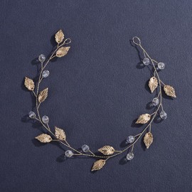 Lenjicons Vintage Golden Leaf Crystal Beads Hair Vine Simple Leaf Headband Wedding Hair Vine Bridal Hair Accessories for Women Bridal Hairpiece for Women