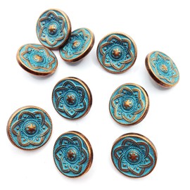 KARMELLING 10PC Metal Sewing Shank Buttons, Antiqued Copper Spray Painted Blue Flower Pattern Round Button 15mm(5/8")