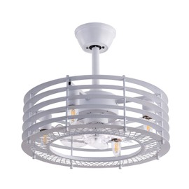 TFCFL 18in Caged Ceiling Fans with Lights and Remote Control, Dimmable Farmhouse Ceiling Fan with Light, Modern Industrial Bedroom Ceiling Fan, 6-Speed Reversible Noiseless Motor (White)