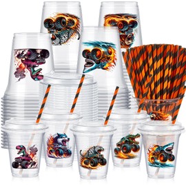 FoldTier 60 Set Plastic Cups Monster Truck Themed 14 oz Disposable Clear Cups with Lids and Paper Straws for Monster Truck Party Favor Supplies Decorations