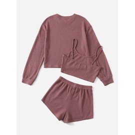 COZYEASE Women's 3 Piece Lounge Sets Ribbed Knit Cami Top Long Sleeve Tee Shirts and Shorts Pajama Sets Dusty Pink XL