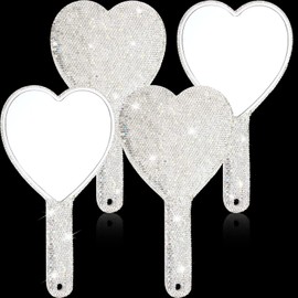 2 Pcs 8.85 Inch Bling Rhinestone Handheld Mirror Dazzling Adorable Heart Shaped Hand Mirrors with Handle Decorative Cosmetic Mirror Glitter Makeup Mirror for Women Girls Bride Wedding Gifts (Silver)