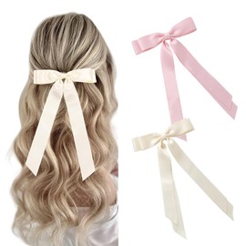 Pack of 2 Silky Satin Hair Bows Clips, Pink/Cream Hair Band, Ponytail Holder, Metal Clips, Hair Bow for Women