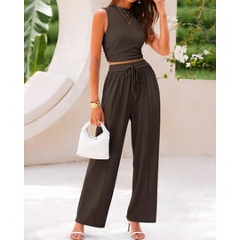 BTFBM Women Summer 2 Piece Outfits 2025 Beach Crew Neck Sleeveless Cropped Top Elastic Waist Wide Leg Pants Lounge Set(Coffee, Medium)