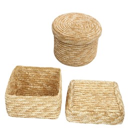 CORHAD 2pcs Woven Storage Basket Decorative Packing Baskets for Sundries Toys Books Stylish Straw Weaving Storage Bins Small Square Medium Round for Home Organization