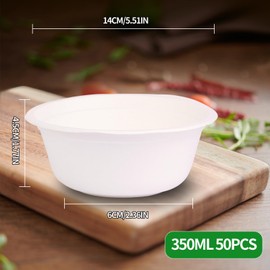 BOKFJBP Pack of 50 White Disposable Bowls Sugar Cane, 350 ml Soup Bowls Disposable Bowls Made of Sugar Cane, Disposable Bowls for Disposable Soup Bowls