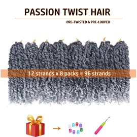 Short Passion Twist Hair 8 Inch Pre-twisted Passion Twist Crochet Hair for Women 8 packs Pre-looped Water Wave Crochet Braids Bohemian Curly Braiding Hair Synthetic Hair Extensions 1B/Gray