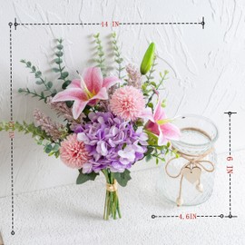 Faux Flowers with Vase, Artificial Silk Flowers in Vase, Fake Pink Lily,Purple Hydrangea and Dandelion flower, Arrangement for Home Spring Decor Dining Table Centerpiece Decorations Coffee Table Decor