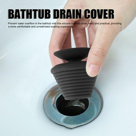 Bathtub Overflow Drain Cover Silicone Bathroom Overflow Drain Cover Tub Stopper with Suction Cup Bathtub Drain Stopper (Black)