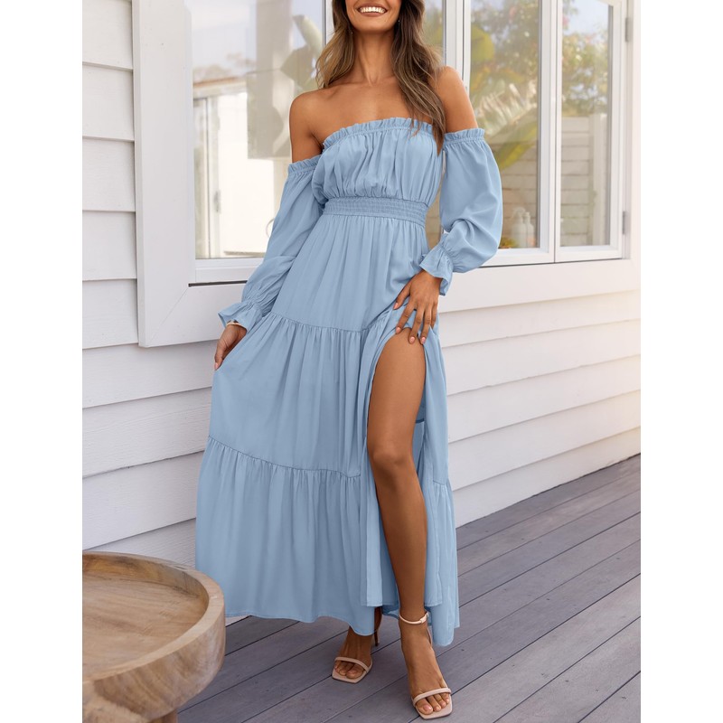 ZESICA Women's 2025 Boho Sexy Off Shoulder Long Sleeve Smocked