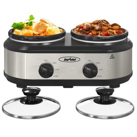 SUNVIVIPRO 2 * 1.25 Quarts Dual Slow Cooker, Buffet Server & Warmer with 2 Removable Ceramic Pots, 3 Adjustable Temp Settings & 2 Visible Glass Lids, Stainless Steel, Silver