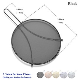 Black Splatter Screen for Cooking 9.8'', Stainless Steel Grease Splatter Guard for Frying Pan, Fine Mesh Splatter Screen with Resting Feet, Comfort Grip Handle, Safe Cooking Lid, Keeps Kitchen Clean