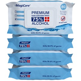 MagiCare 75% Large Alcohol Wipes (4-80ct Packs) - Alcohol Hand Sanitizing Wipes, Premium - Unscented Hand Wipe, Sanitizer Wipe - Travel, Home, Classroom, Camping - 4 Soft Packs (320pcs)