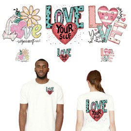 arricraft 6 Stück Kleines Frisches Thema Wärmeübertragungsfolie Logo Aufkleber Set 6 Stile „Love Yourself“ Wärmeübertragungsaufkleber Zum Aufbügeln Für T Shirts Aufnäher Taschen Hüte Bastelarbeiten