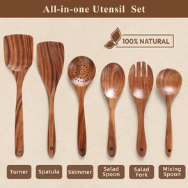 Wooden Spoons for Cooking, 6-Piece Wooden Cooking Utensils Set for Nonstick Pans & Cookware – 100% Natural Teak Wood - Sturdy, Lightweight & Heat Resistant