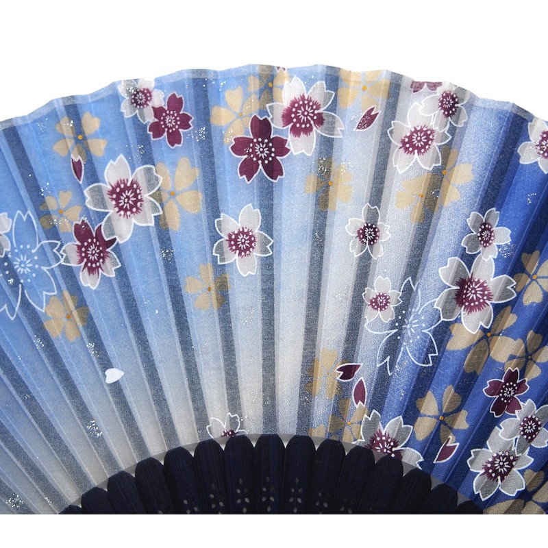 旭王 扇子職人の手作り 婦人 シルク 扇子 21cm 30間 流れ桜 ブルー (ラメ入り)