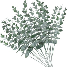 AUMVEYI 20pcs Faux Eucalyptus Stems Flowers Short Artificial Eucalyptus Greenery Stem Fake Eucuplutis Leaves Branches Decoration for Floral Arrangement Wedding Home Office Centerpieces Vase Décor