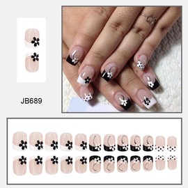 Flower Press on Nails Short Square Fake Nails Black White French Tip Glue on Nails with Design Nude Wave Point Acrylic Nails Spring Flowers False Nails for Women Girls DIY Manicure Decoration 24pcs