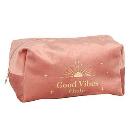 Stunning Pink "Good Vibes Only" Velvet Toiletry Bag - 11cm x 20cm (1 Pc.) - Stylish Design with Gold Text and Sunset Illustration, Ideal for Home Bathroom and Travel Storage