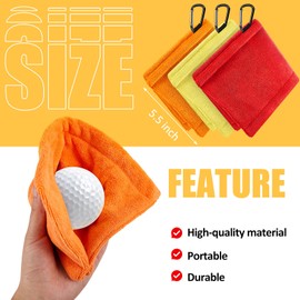 Flutesan Golf Ball Towel 5.5 x 5.5 Inch, Small Golf Pocket Towel with Clip Portable Golf Cleaner Accessories for Men Women(Red, Orange, Green, 3 Pieces)