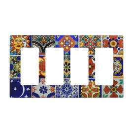 Vintage Mexican Talavera Tiles 4 Gang Rocker Light Switch Cover Decorative Quad Decora Wall Plate Electrical Outlet Covers GFCI Faceplate for Kitchen Bathroom Home Decor