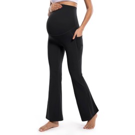 POSHDIVAH Women's Maternity Flare Leggings Over The Belly Pregnancy Workout Active Yoga Lounge Bootcut Pants with Pockets Black Large