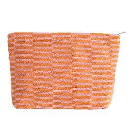 Checkered Makeup Bag for Women Large Capacity Travel Cosmetic Bag Makeup Pouch for Purse Zipper Toiletry Organizer Cute Y2K Aesthetic Trendy Adults Makeup Brushes Storage Bag (Orange Pink Streak)