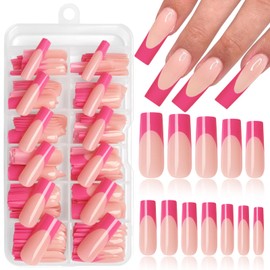 Lifextol 216PC Hot Pink French Tip Press on Nails Long Fake Nails Press ons with 10*Adhesive Tabs, Pink Square Acrylic Nails Press on Nails French Tip Nails False Artificial Fingernails Stick on Nails