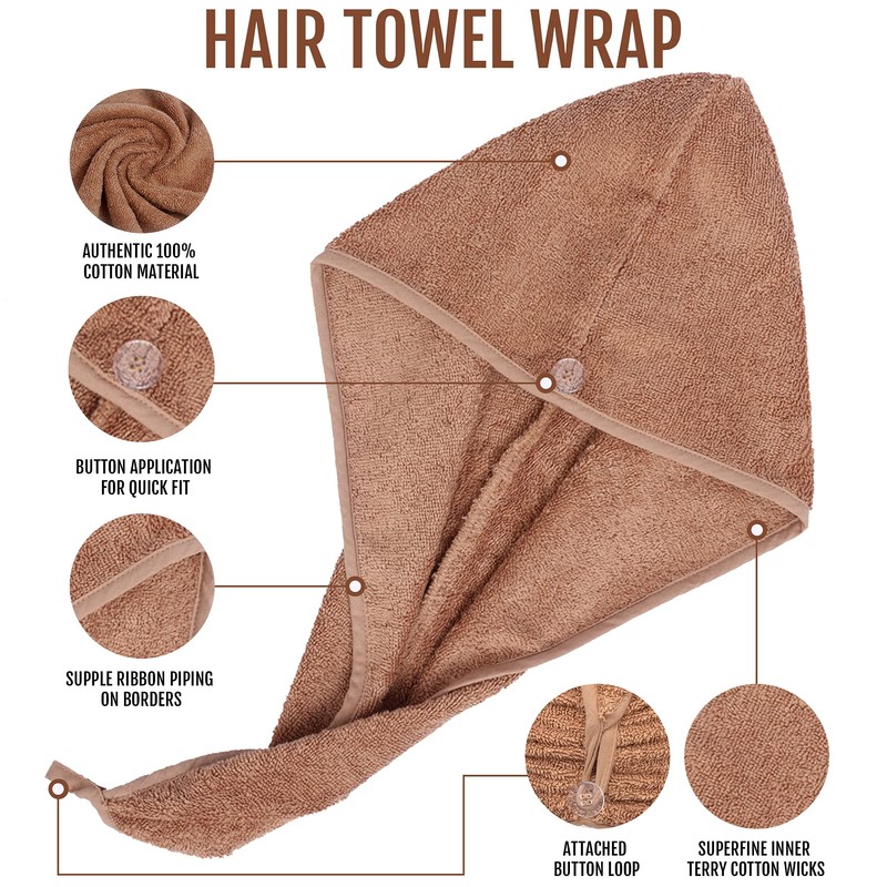 LUXURY Hair Towel Wrap 100% Cotton, Instant Drying Lightweight Turban