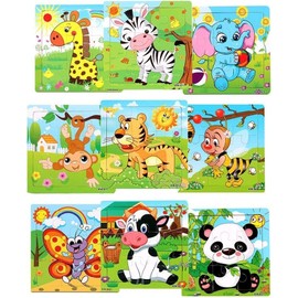 Lekebobor Toddler Puzzles for Kids 3-8 Years Old, 9 Pieces Animals Wooden Jigsaw Puzzles, Preschool Educational Learning Toys for Toddlers (9 Pack)