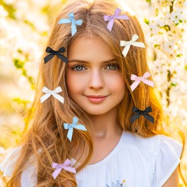 AOZUO Mini Bow Hair Clips, Small Hair Bows Clips, Solid Color Hair Ribbon Alligator Clips Barrettes Hair Accessories Kawaii Y2k Braiding Hairclip for Women Girls(Black Pink White Blue Purple Beige)