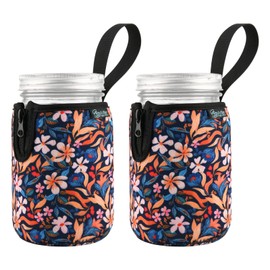 Beautyflier Mason Jars 32oz Wide Mouth Sleeve Regular Mouth Mason Jars Insulators Drinking Glass Coolers Sprouting Jars Blackout Sleeve (Colorful Flowers)